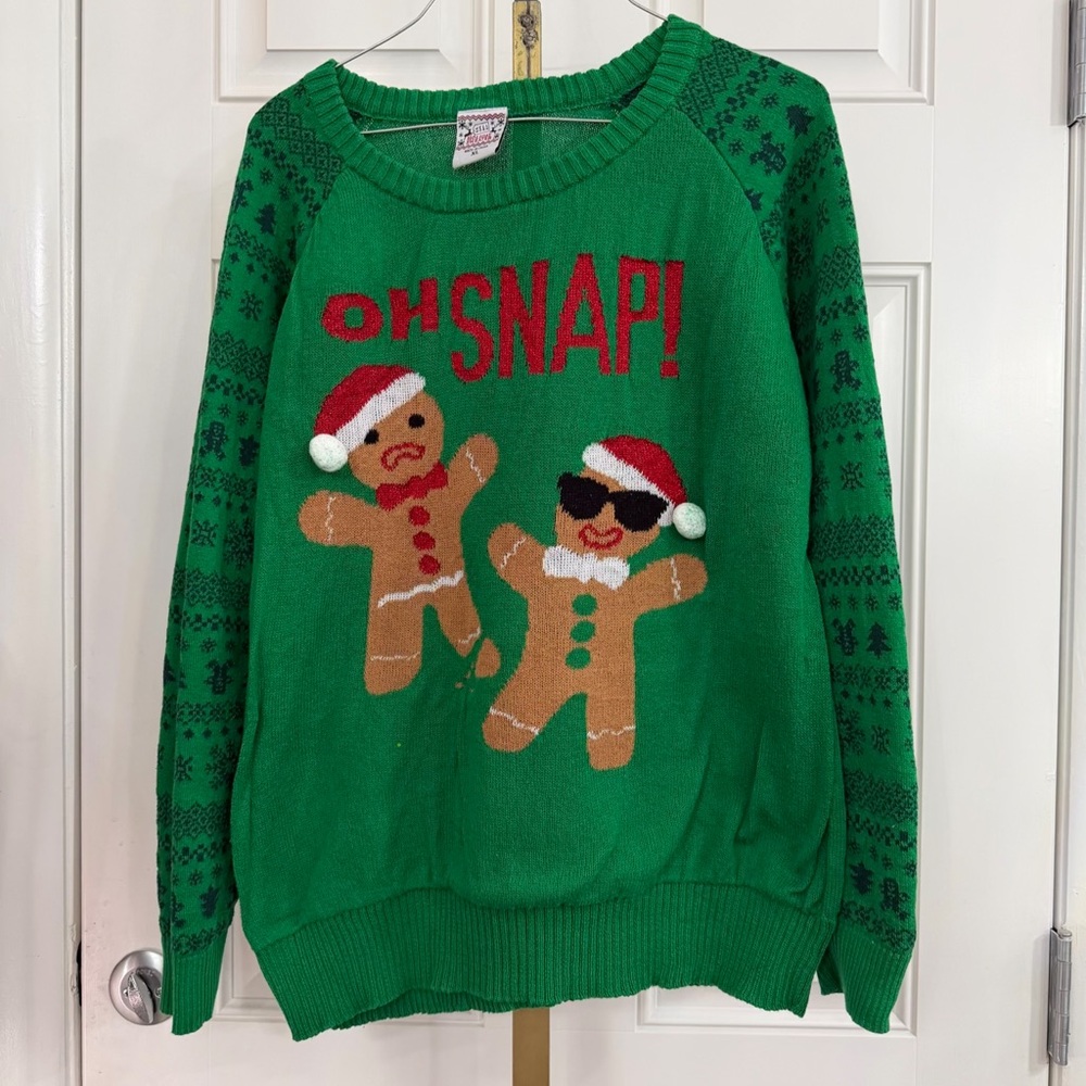 Green Christmas Sweater with Gingerbread Design